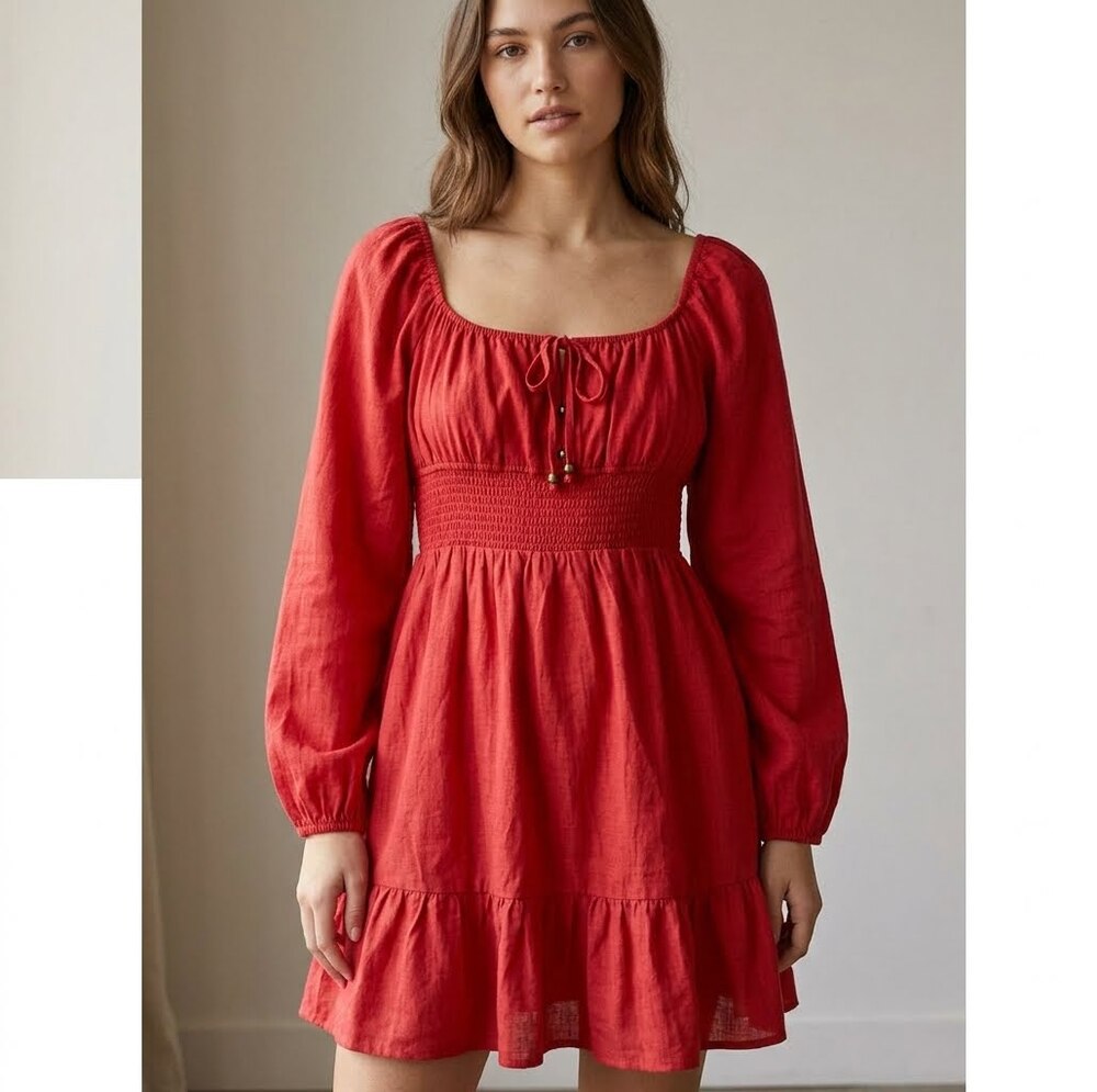 LILLUSORY Red Cotton Smocked Short Dress XL Long Sleeve Cottagecore NWT